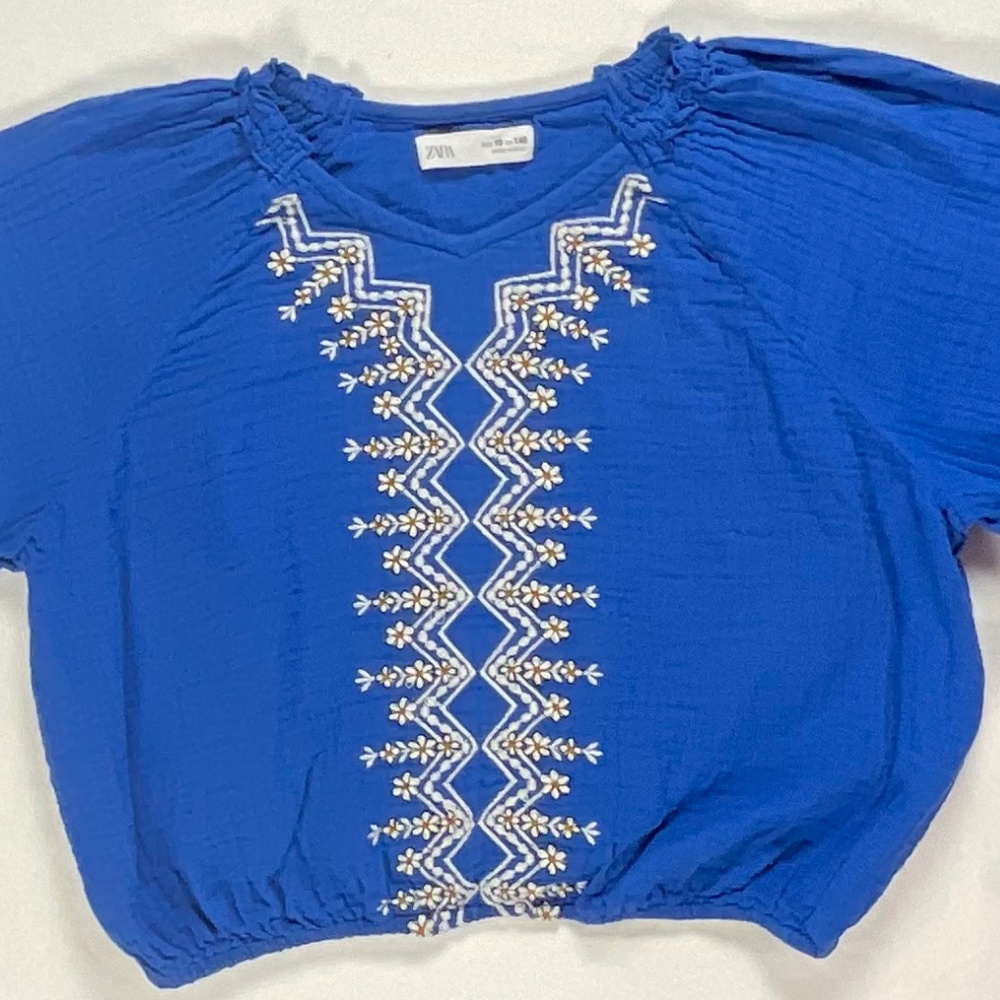 Zara Kids Embroidered Long Sleeve Boho Blue Blouse with Balloon Sleeves Size 10 - Picture 3 of 6